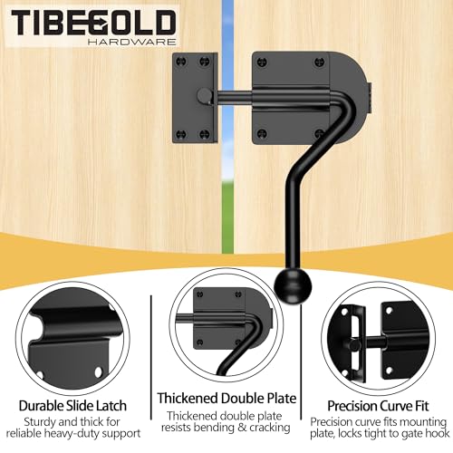 Slide Bolt Gate Latch, Heavy Duty Door Latch Hook Style, Sliding Gate Lock Latch with Ergonomic Round Handle, Black Gate Hardware for Outdoor Wooden Fence, Shed Door, Barn Door, 1 Pack