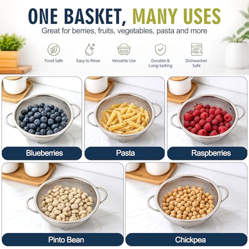 Palksky Small Colander Set of 2, 800 mL / 0.85 Qt Stainless Steel Mini Colanders with Riveted Handles, Footed Base & Micro-Perforations, Berry Wash Bowl for Berries, Fruits, Vegetables & Pasta - color: Small Colander 2 PCS