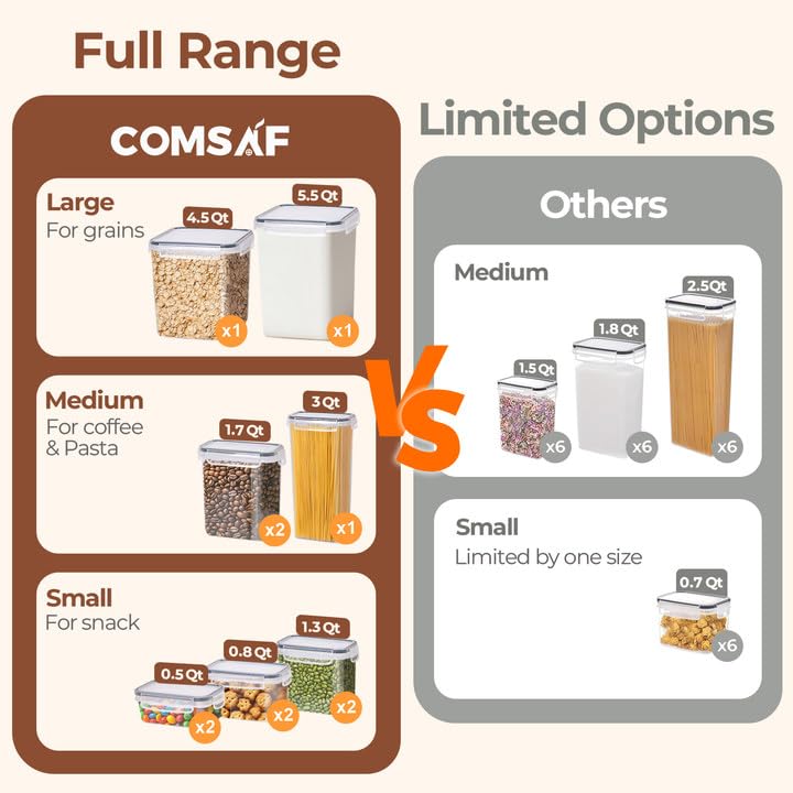 ComSaf Airtight Food Storage Containers with Lids 7size 11Pack, Stackable | Plastic Canister, Flour Sugar Cereal Pasta Rice Oats Coffee Snacks Dry Food, Pantry Kitchen, Label & Scoop, BPA-free, Clear - size: 7 Size-Rectangle