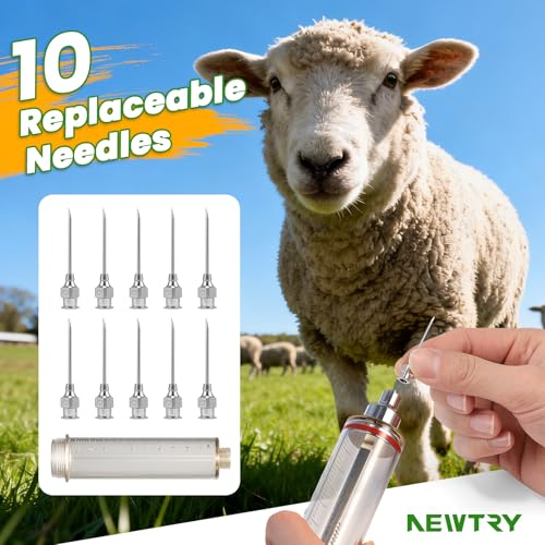 NEWTRY 50ML Continuous Livestock Syringe Adjustable Poultry with 10 Needles | Semi Automatic Syringe Adjustable Poultry Gun Stainless Steel with 10 Needles for Horse Sheep Cattle - size: 50ML
