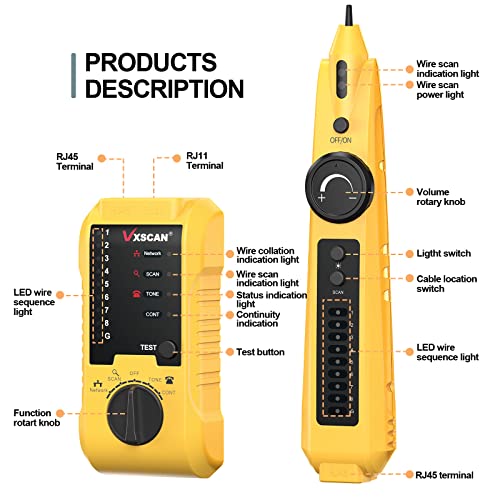 Network Cable Tester, Line Finder Ethernet/Telephone/Cat5/6 RJ11/45 | Checks Shorts/Open/Cross/Break Points without Wire Damage, Polarity & Line Level. Tel Status: Idle/Ring/Off-Hook, TIP/RING