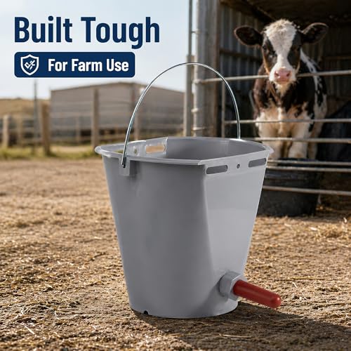 Calf Feeding Buckets, 3 Pack 8.45 Qt Single Teat Feeders | removable teat, with metal hanger, sturdy plastic, for milk feeding calves goats lambs and sheep