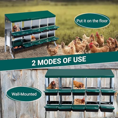 Chicken Nesting Box, 10 Compartments Roll Away Eggs Laying Boxes, Cleanable Pull Out Hen Roosting Boxes with Mental Leg, Durable & Easy to Install, Green - color: Green, size: 10 holes with legs