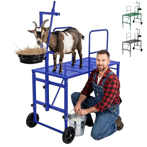 Goat Stand with Adjustable Headpiece & Legs, Goat Milking Stand with Feeder, Rails & Wheels, Stanchion for Grooming & Hoof Trimming, Sheep Stand for Shearing Heavy-Duty Steel Platform, Blue - color: BLUE