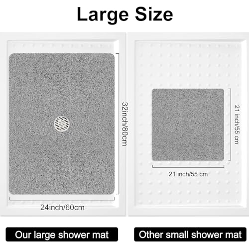 Shower Mat Non Slip, 32" x 24" Large Soft Loofah Shower Mats for Inside Shower with Drain Hole in Middle, Anti Slip Shower Floor Mat for Elderly, Quick Drying, Grey - size: 32" x 24" (Rectangular)