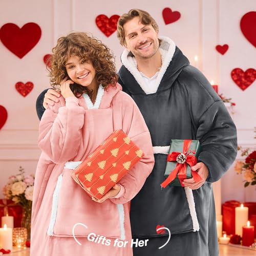 JOYWOO Wearable Blanket Hoodie, Birthday Gifts for Women Men Mom, Oversized Hooded Blanket for Adult, Cozy Fuzzy Sherpa Sweatshirt Blanket with Giant Pocket,Grey - color: Grey, size: Adult