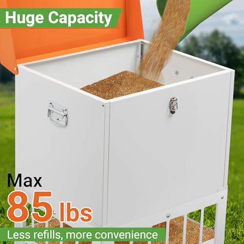 Chicken Feeder with Grille, 85LBS No Waste Chicken Feeder with 22 Ports, Powder-Coated Steel Feeder w/Waterproof Lid and Stainless Handles, 18”L x 15.1”W x 29.5”H