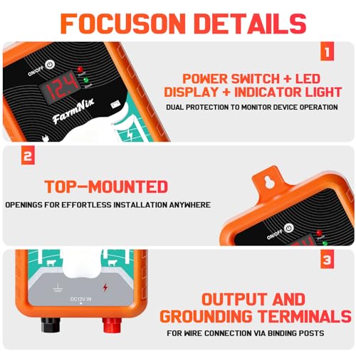 15Miles Electric Fence Charger with ON/Off Switch, 4J Energy Output 12KV Voltage,AC DC Electric Fence Charger with LED Display for Preventing Wild Animals Intruding Great for Gardens,Poultry
