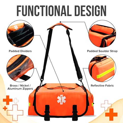 JJ CARE Trauma Bag (287 pcs), Fully Stocked EMT Medical Bag for Professionals, First Aid Emergency Medical Kit, First Responder Kit Essentials with Organizer Pouch