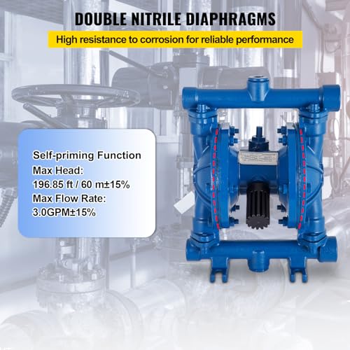 VEVOR Air-Operated Double Diaphragm Pump, 1/2 in Inlet & Outlet, Cast Iron Body, 8.8 GPM & Max 120PSI, Nitrile Diaphragm Pneumatic Transfer Pump for Petroleum, Diesel, Oil & Low Viscosity Fluids - size: 3.0 GPM