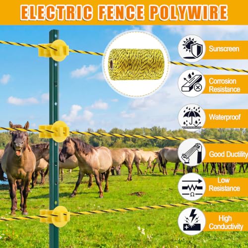 Zonon 24 Pcs Electric Fence Kit Include 656 ft Electric Fence Polywire and Fences Voltage Tester and T-Post Insulatorand 4ft Ground Rod with Attached Wire Clamp for Electrical Fences Farms
