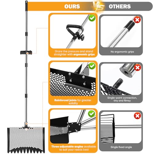 12inch Chicken Poop Scooper & Rake 2-in-1 with Adjustable Handle | Heavy Duty Metal Chicken Coop Scoop for Sand, Adjustable Angle Stainless Steel Chicken Coop Rake Litter Sifting Shovel 37-64" - color: Black