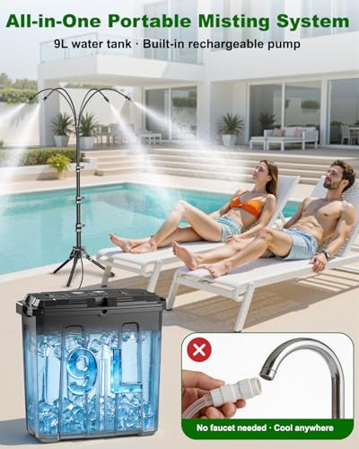 Portable Misting System with Stand, Water Cooling Misters Set for Outside Patio - 9L Bucket Built-in 10000mAh Battery & PCS Pump & Timer for Outdoor, Canopy, Sport, Golf, Beach, Greenhouse, Camp