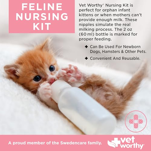 Vet Worthy 7-piece Feline Nursing Kit – 2oz Bottle, 5 Nipples, & Brush | Reusable Newborn Kitten Feeding Bottle – Easy-to-Clean Graduated Nursing Feeder