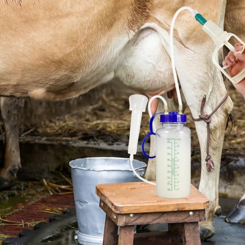 Yardwe Manual Milking Machine for Cows and Goats, Portable Hand Vacuum Pump Milking Kit with Single Teat Pump for Farm and Home Use, 1000ML
