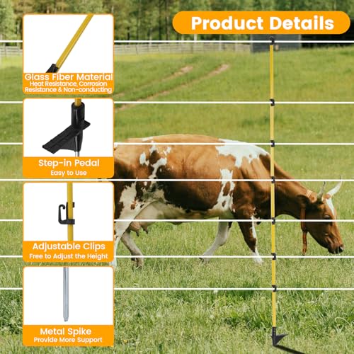 50 PCS Electric Fence Posts, 3/8" x 57" Step in Fence Post | 7 Wire Clips, Metal Ground Spikes, Easy Step-in Fiberglass Fence Posts for Temporary Electric Fencing, Farm Livestock, Garden - size: 57Inch-50PCS