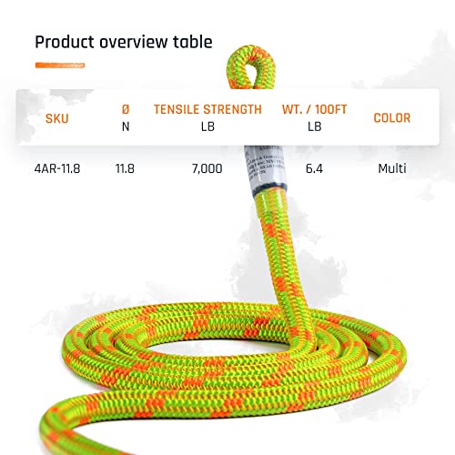 Arborist Rope 11.8mm x 200Ft, USA Made High-Strength 24-Strands Static Climbing Rope - 5,400 lb Strength for Tree Climbing, Pulling, Outdoors & Swing - Viper, Tight Spliced Eye