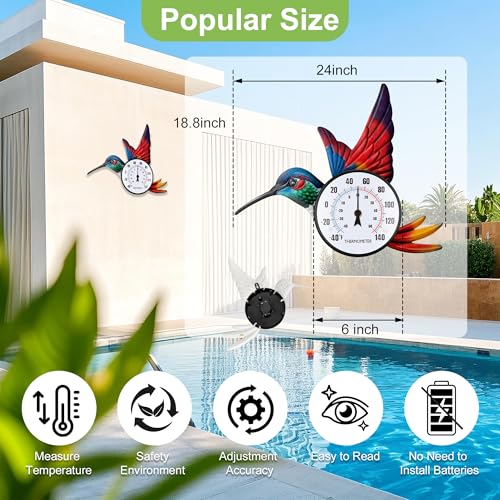 Indoor Outdoor Thermometer, Large Wall Hummingbird Thermometer Hygrometer No Need Battery, Easy to Read Decorative Outside Thermometer for Patio, Garden，Yard