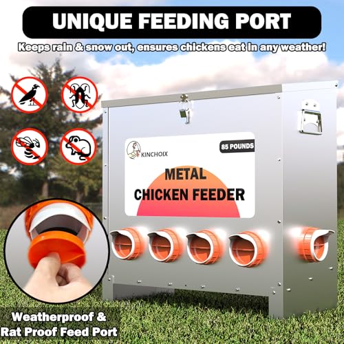 Metal Chicken Feeder Large Capacity 85lbs Automatic Metal Rat Proof Chicken Feeders No Waster Weatherproof Poultry Feeder for Chickens, Geese, Ducks, Turkeys, Quails (10-Port) - style: 85lb Feeder with 10 Ports