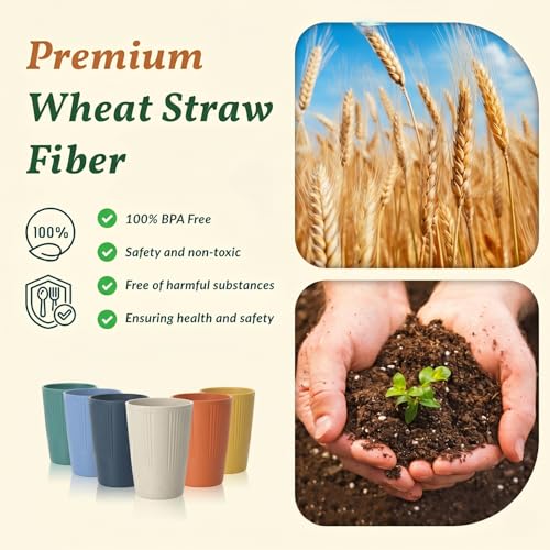 Homienly Drinking Glasses Wheat Straw cups,Unbreakable Alternative to 12oz Plastic Cups,Stackable and Lightweight Cups for Juice,Iced coffee-Colorful - color: Grain, size: 12 Ounces