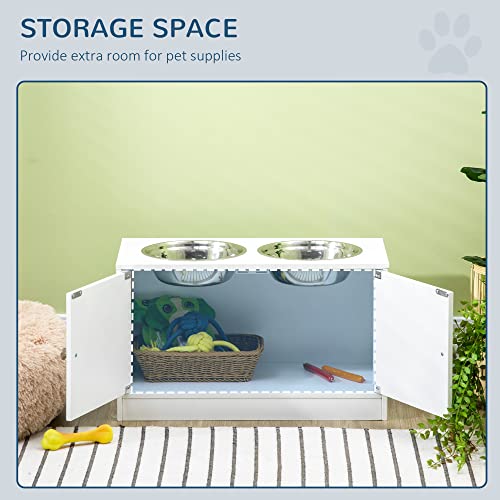 PawHut Large Elevated Dog Bowls with Storage Cabinet Containing Large 44L Capacity, Raised Dog Bowl Stand Pet Food Bowl Pet Feeding Station, White | Raised Dog Bowl Stand, Pet Feeding Station - color: White