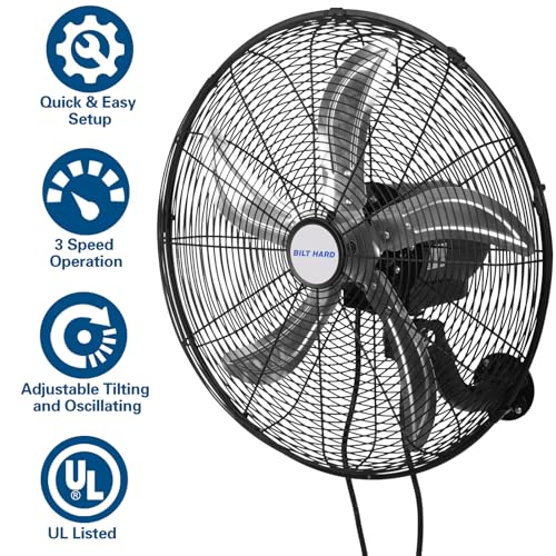BILT HARD 20" Oscillating Wall Mount Fan, 3-Speed 5900 CFM High Velocity Wall Mounted Fan with Wired Remote, Heavy Duty Industrial Wall Fan for Commercial, Garage and Warehouse - size: 20 in.