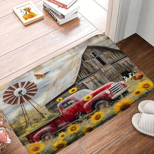 Sunhe Rustic Farmhouse Bath Mat Retro Red Truck Farm Barn Windmill Sunflower Vintage Country Nature Scenery Memory Foam Home Office Door Bathroom Decor Mat,17.8"x29.5" - size: 1'6" x 2'6" (Rectangular)