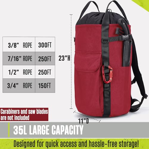 Arborist Rope Bag, 35L Tree Climbing Rope Bag, Arborist Equipment Bucket Backpack, Arborist Gear Carrier Bag with Side Pockets, Tough Rock Climbing Backpack, Rock and Tree Climbing Gear - color: Red