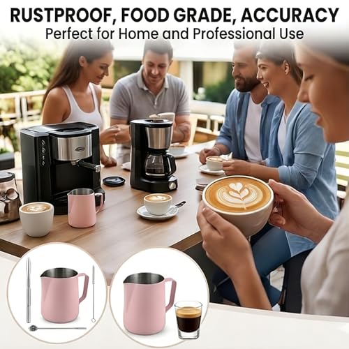 Milk Frothing Pitcher 20oz (600ml) – Stainless Steel Latte Art Pitcher with Inner Scale & Pointed Spout for Espresso Machine & Coffee Barista Tools – Pink Stainless Steel Milk Frother - color: Pink