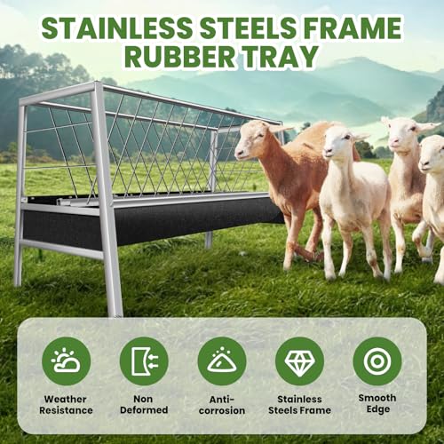 Pasture Feeder 90 Gallon Goat Hay Feeder, Rubber Tray with Stainless Steel Frame Hay Rack with 25'' Wide Tray for Goats, Sheep, Horses, Lamb, Ease of Assembly, Rust-Proof, Silver - style: Rubber Tray with Stainless Frame