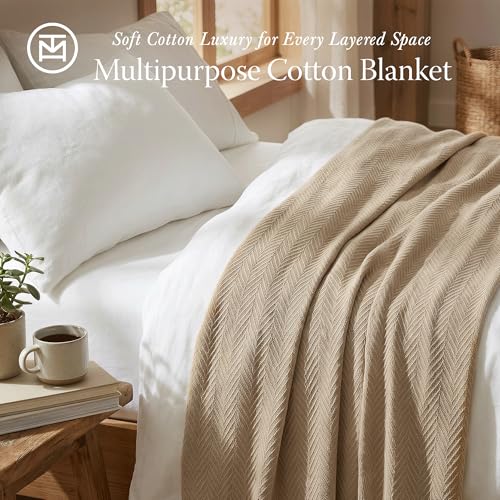 Threadmill Luxury Cotton Blankets for Queen Size Bed | All-Season 100% Cotton Queen Size Blanket | Herringbone Cozy, Soft Breathable Fall Thermal Blanket fits Full Size Bed, 90x92 | Beige | All-Season Thermal Blanket, Soft & Breathable, Cozy Moisture-Wick