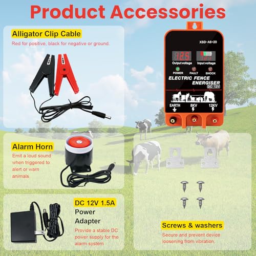 5.5J Electric Fence Charger Energizer, 5.5 Joules 10 Miles | AC DC 2 in 1 Powered Supply, Input 12V Output 8 KV or 12KV with Display and Alarm,Contain Cattle Cow and Livestock, No Remote