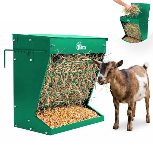 Wall Mount Hay Rack And Hay Feeder For Goats Sheep And Horses, Covered Galvanized Steel Goat Hay Feeder With Hinged Roof, 25 Gallon 2-In-1 No Waste Hanging Holder Grain Bin with hook For Cattle - color: Green