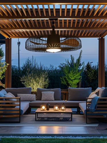 Orison Outdoor Ceiling Fans with Lights for Patio, 24" Weatherproof Ceiling Fan, Gazebo Fan Remote & APP Control, 3CCT Dimmable,Caged Plug in Ceiling Fan with Hanging Hook for Pergola Porch Canopy