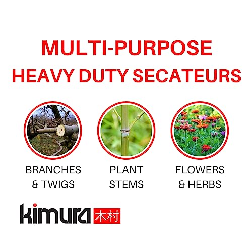 Kimura® 8" Pro Bypass Pruning Shears, Heavy Duty Japanese SK5 Steel Blades, 1 inch Cut Capacity, Non-Slip PVC Coated Handles, Lightweight & Ergonomic, Japanese Pruners, Professional Garden Clippers - size: 8"