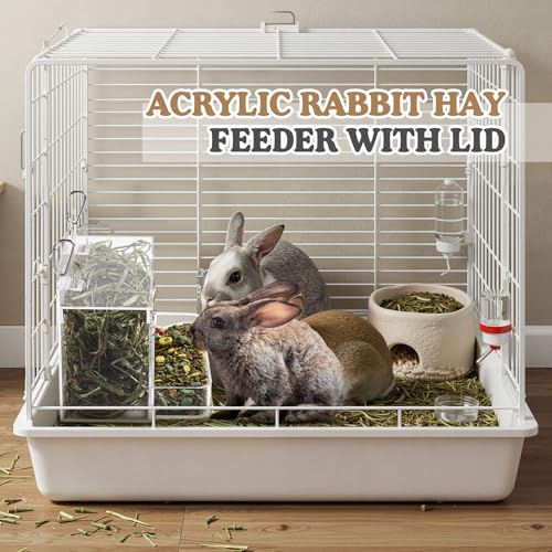 Honeydak Acrylic Rabbit Hay Feeder with Lid, Two in One Hanging Guinea Pig Hay Feeder with Hook Food Dispenser Bin for Bunny, Guinea Pig, Chinchilla