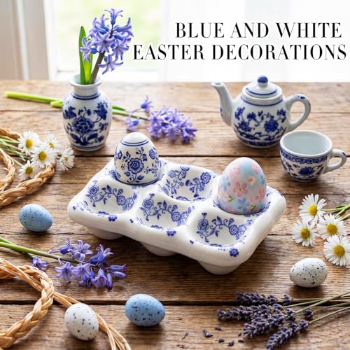 2 Pcs Ceramic Egg Tray 6 Cups Chinoiserie Eggs Holder Blue and White Porcelain Kitchen Counter Table Fridge Storage Accessory Blue Floral Spring Decoration for Housewarming Gift