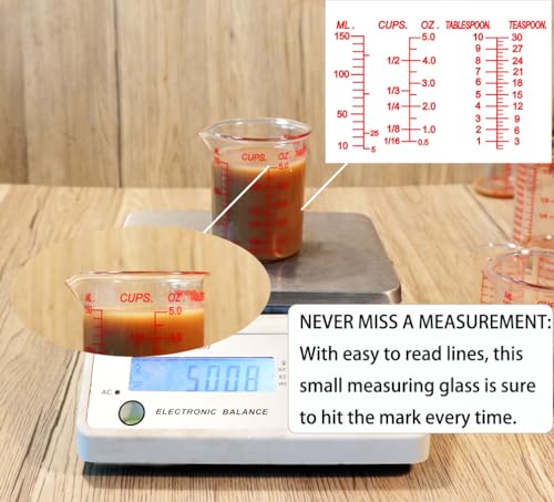 Ackers BORO3.3 Glass Measuring Cup, V-Shaped Spout, 150 mL / 5 oz, Single | 3.3 borosilicate glass with five red printed scales and a wide opening for cooking, baking and drink preparation - size: 150 ML (5 Oz)-SINGLE