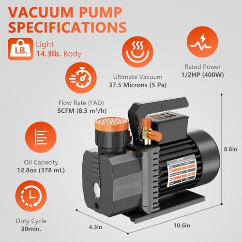5CFM Vacuum Pump, 1-Stage HVAC Vacuum Pump | 1/2HP 38 Micron 110V Air Conditioning Kit for R12 R22 R134a R410a, HVAC/AUTO AC Refrigerant Recharging, Oil Included