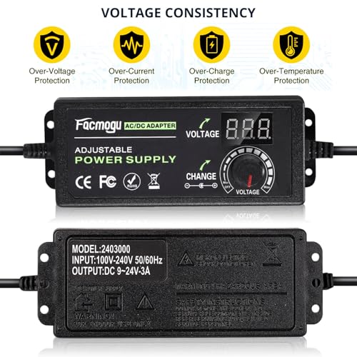 Facmogu Adjustable Power Supply 9V-24V 3A 72W, Variable Voltage Adapter | Universal Replacement AC/DC Power Adapter | With Digital Display | For Fan Speed Controller, DC Motor, Router & LED Lights - size: 9-24V 3A
