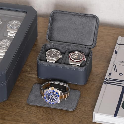 ROTHWELL 2 Watch Travel Case for Men | Compact PU Leather Protective Box with Microsuede Interior | Fits Watches & Smartwatches Up to 55mm (Carbon) - color: Carbon