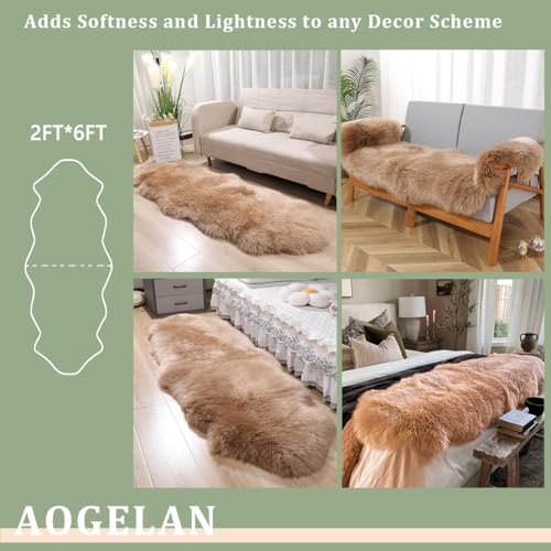 Fluffy Genuine Sheepskin Rug, Fuzzy Shaggy Fur Area Rug, Soft Fur Prayer Pup Mat Carpet, Chair Sofa Seat Cover, Bedroom, Living Room Double Pelts (Light Brown, 2x6ft) | Natural Fluffy Fuzzy Sheepskin Fur Area Rug,Chair Sofa Seat Cover,Living Room,Bedroom,