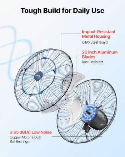 VEVOR Wall Mount Fan, 20 in Wall Mounted Hanging Fan with Oscillating & Mist, Remote, IP44-rated, 3-Speed, 18h Timer, Temperature Control, Powerful for Industry, Commercial, Garage, Workshop, Gym