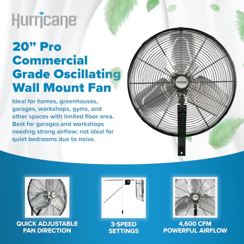 Hurricane Pro Commercial Grade Oscillating Wall Fan, 3 Speeds, Black, 20in | Metal Wall Mount Corded Electric Air Cooling Unit w/ Powerful 4600 CFM Airflow for Home, Garage, Gym, Workshop & Greenhouse - style: 20" Pro Commercial Grade