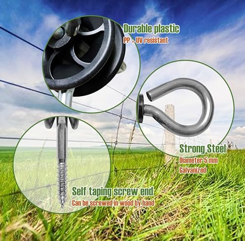 QMARK 10 Pack Electric Fence Wood Post Anchors | Wood Post Screw-in Insulators, Screw-in Gate Handle Anchor, 2-Ring Black Handle Anchors