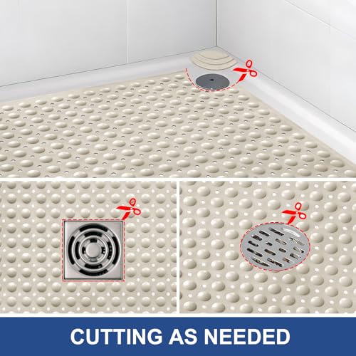 Shower Mat Non Slip: 34" x 23" Large Shower Mats for Inside Shower - Soft TPE Cuttable Anti Slip Shower Stall Mat with Drain Holes and Suction Cups - color: Khaki, size: 34" x 23" (Rectangular)