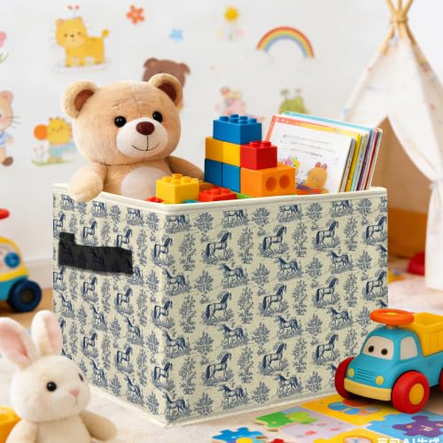 Blue and White Chinoiserie Horse Storage Bins Box with Handles, Vintage French Country Botanical Horse Collapsible Laundry Basket Hamper Clothes Organizer for Home Bedroom Bathroom - color: style 02