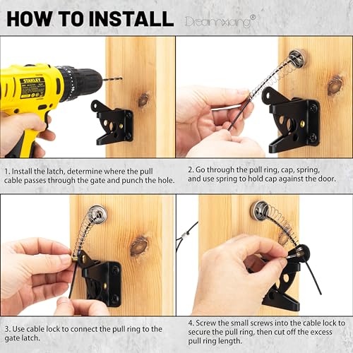 Gate Latch Cable Pull, Spring-Loaded Latch Kit for Wooden Fence Gates, Gate Latch Pull Cable String Adjustable from 2" to 6" Posts Stainless Steel Spring, 1 Pack