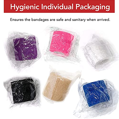 RISEN Cohesive Bandage 2” x 5 Yards, 6 Rolls, Self Adherent Wrap Medical Tape, Adhesive Flexible Breathable First Aid Gauze Ideal for Stretch Athletic - color: Multicolor