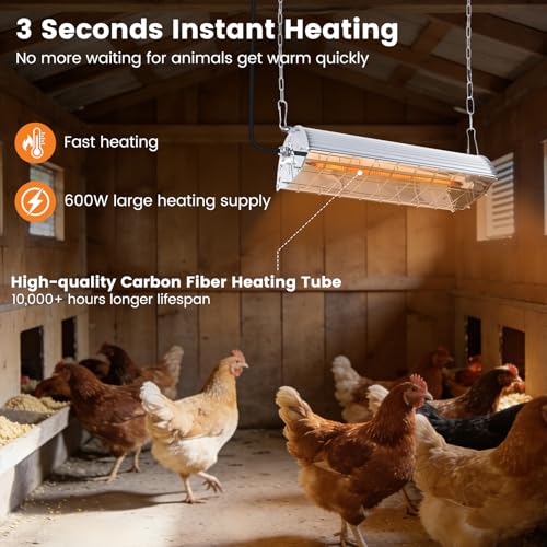 Fanspex 600W Hanging Heater for Poultry Chicken Coop Pet House Livestock Greenhouse, 2 Heating Mode with Adjust Height, 3S Fast Heating